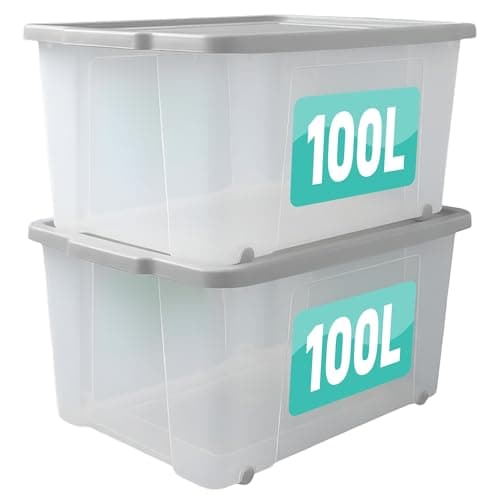 Image of Optimal Products Set Of 2 Plastic Storage Box with Lid & Wheels Stackable Heavy Duty Container for Home, Garage & Office Organisation Boxes Nestable Portable Multipurpose Room Organiser (100 Litre)