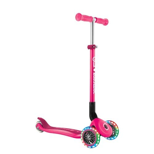 Image of Globber Primo Kids 3 Wheel Foldable Scooter with Light Up Wheels and Reinforced Deck Colour Matching Deck for Children 3 Years Plus - 2 Year Warranty (Deep Pink, One Size)