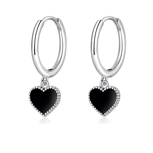 Image of Zolkamery Drop Earrings, 925 Sterling Silver Heart Drop Earrings for Women, Silver Dangle Earring with Black Gemstone, White Gold Hypoallergenic Dangly Ear Rings, Jewellery Gifts for Girls Birthday