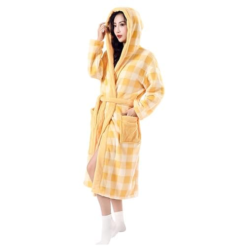 Image of Flodxo Dressing Gown Womens Fleece Soft Cosy Hooded Bath Robe Vintage Checked Print Winter Housecoat Sherpa Fluffy Long Bathrobe Warm and Cosy Ladies Dressing Gown with Pockets Yellow