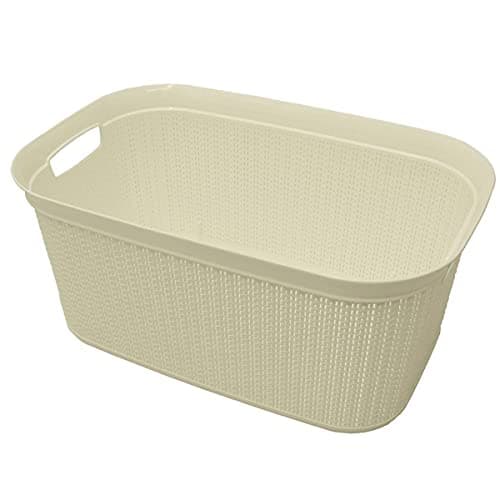 Image of JVL Knit Design Loop Plastic Rectangular linen Washing Basket with Handles - 38 Litres, White