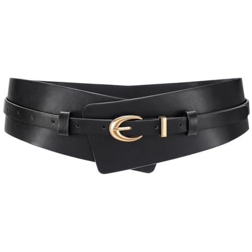 Image of WHIPPY Wide Waist Belts for Women Dresses Fashion Ladies Leather Belt 2-in-1 Wide Waistband with Skinny Belt for Suits, Black M, Fit waist size 30-33"