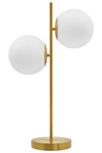 Image of Antique Brass Table Lamp Twin Opal Globe Frosted Glass Shades, Glass Ball Desk Lamp H3118