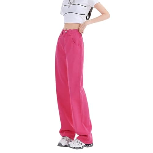 Image of Women Straight Leg Baggy Jeans Vintage Denim Pants Ladies High Waist Wide Leg Trousers with Pockets Loose Fit 90S Jeans Plus Size (Hot Pink, XXXL)