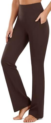 Image of PERSIT Bootcut Yoga Pants for Women High Waist Flared Leggings with Pockets Wide Leg Bottom Bootleg Workout Gym Casual Flare Womens Work Trousers UK - 29 Inches Brown M