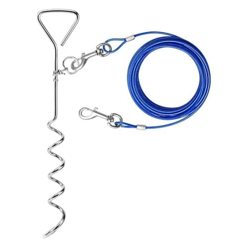 Image of Ehwisbe Anti-Rust Dog Tie Out Cable and Stake, 30ft Heavy Duty Spiral Stake for Medium-Large Dogs Up to 125 Lbs
