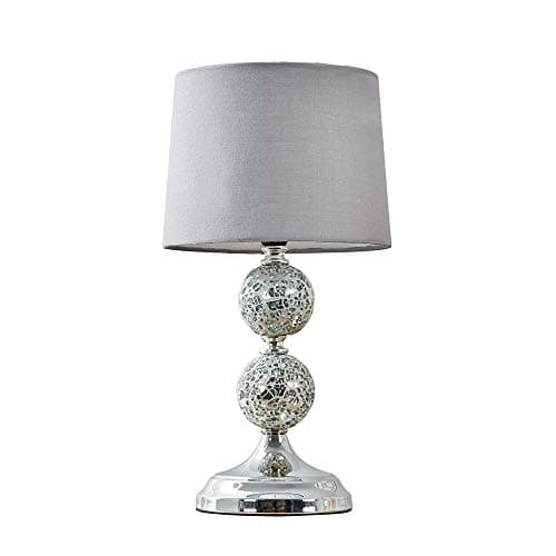 Image of MiniSun | Modern Decorative Chrome and Mosaic Crackle Glass Table Lamp with a Grey Shade | Table Lamps, Home Décor & Improvement Essential | Includes 4W LED E14 Light Bulb