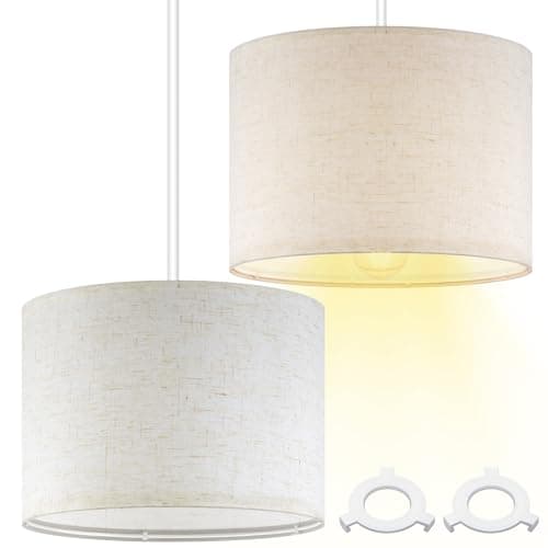 Image of Weewooday 2 Pcs Fabric Lampshade for Ceiling Lights Pendant Modern Drum Lamp Shades for Table Floor Bedroom with E27 to E14 Adapter Ring (Flax White,10 Inch)