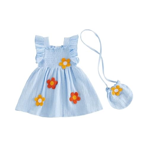 Image of BeliBacca Toddler Baby Girls Summer Dress 3D Flower Decor Flying Sleeve A-Line Smocked Dress with Crossbody Bag Cute Infants Cotton Linen Vacation Dress Boho Dress (Blue, 12-18 Months)