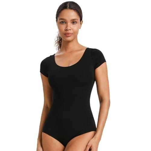 Image of Spoxiyue Women's Classic Black Bodysuit, Short Sleeve Scoop Neck, Slim Fit Ballet Dance Leotard, Stretchy Athletic Wear (Black, L)