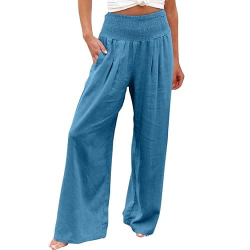 Image of Trousers for Womens UK 2026 Wide Leg Ladies Palazzo Trousers Elasticated Waist Cotton Linen Comfy Baggy Summer Lounge Trouser Classic Outdoor Trouser Casual Breathable Palazzo Pants Light Blue