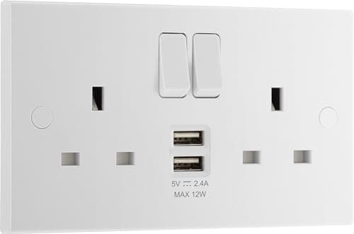 Image of BG Electrical Double Switched Power Socket with Two Type A USB Charging Ports, 13 Amp, 12 Watts, White Moulded, Square Edge
