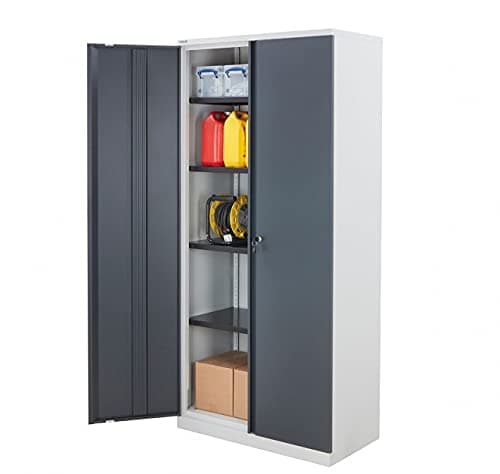 Image of BiGDUG Bisley Office Workplace Cupboards 914w x 470d mm, Steel Double Door Lockable Storage 70kg per shelf, Blue Light & Dark Grey, Adjustable Shelves (Dark Grey 1970h x 914w x 470d mm)