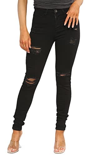Image of 989Zé ENZO EZL417 Womens Jeans Skinny Stretch Ripped Trousers Ladies Denim Slim Fit Pants with Rips Waist Sizes UK 8-20 (20, Black)