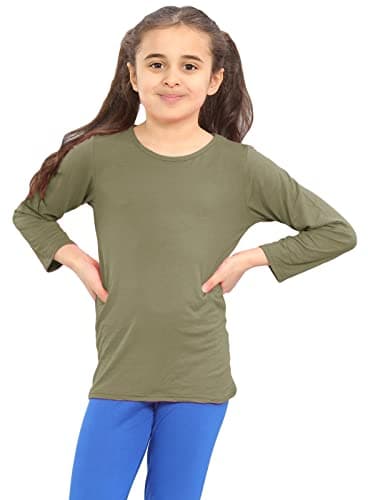 Image of janisramone® Kids Casual T Shirts Top, Breathable Viscose Blend Boys Long Sleeve T-Shirt, Stylish Round Neck Girls School Tops, Stretchy Boys Girls Long Sleeve Top, Shirts Size 2-13 Years Khaki