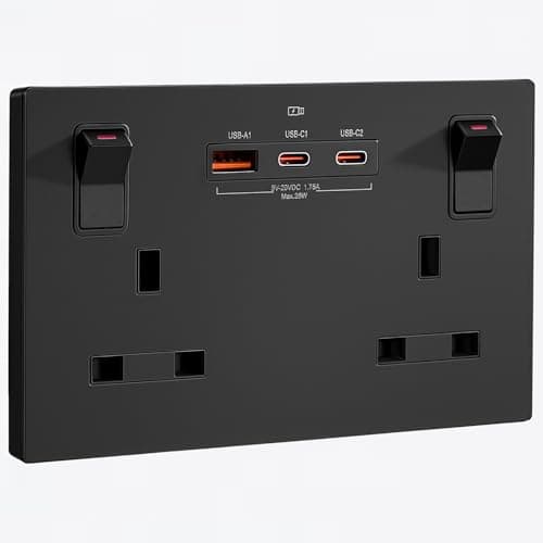 Image of SURAIELEC Black Double Socket with USB C, 2 Gang 13A Switched Plug Socket, 35W PD Fast Charge (2 USB-C + 1 USB-A), Child Safe, Matt Black, Fits 25mm Back Box