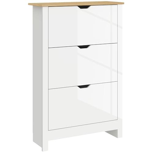 Image of HOMCOM Narrow Shoe Cabinet, Space Saving Shoe Storage Cabinet with 3 Flip Drawers and Adjustable Shelves for 9-18 Pairs of Shoes for Hallways and Living Room, High Gloss White