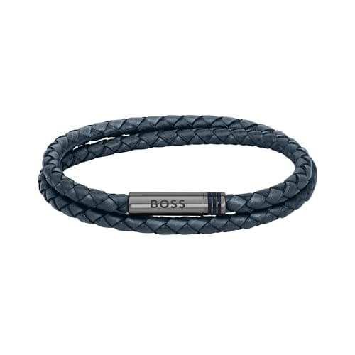 Image of BOSS Jewelry Men's ARES Collection Bracelet with Double-Wrap Braided Blue Leather - 1580494S