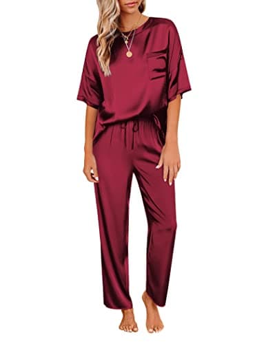 Image of Ekouaer Women's Sleepwear Soft Short Sleeve Pyjama Satin Set Short Sleeve Shirt with Long Pajama Pant Pajamas for Women uk, Wine Red, XXL