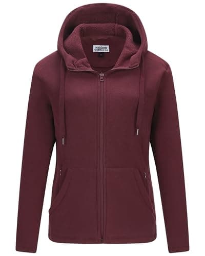 Image of Outdoor Ventures Womens Fleece Jackets Warm Full Zip Coat Ladies Outdoor Casual Long Sleeve Hooded Jacket Soft Outerwear Running Jacket With 6 Large Pockets For Walking & Travelling Vintage Red XL