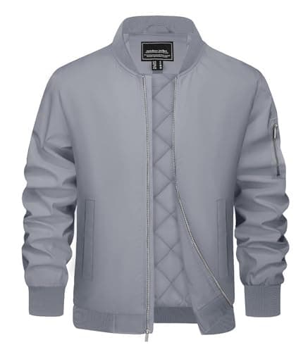 Image of EKLENTSON Jackets for Men Outdoor Bomber Jacket Winter Warm Baseball Coats Lightweight Padded Jacket Light Grey,XL