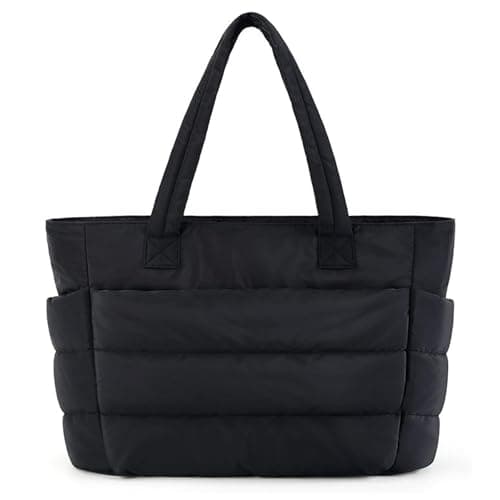 Image of DAVBNM Women's Tote Bag with Zipper, Soft Lightweight Puffy Tote Bag with Compartments, Quilted Shoulder-Bag Handbag, Puffer Handbag with Laptop Compartment, for Travel, Beach, Gym, Work, School