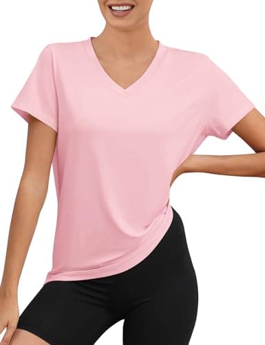 Image of Rapbin Womens Running T-Shirts Short Sleeve Yoga Tops V Neck Lightweight Quick Dry UPF 50+ Running T-Shirt Loose Fit Summer Gym Activewear(Light Pink,XL)