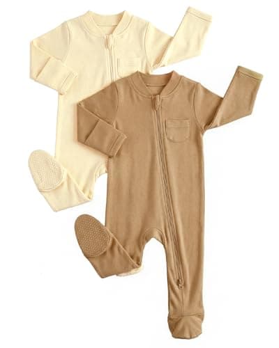 Image of JiAmy Baby Grows Sleepsuits 2 Pack, Tiny Baby 100% Cotton Two-Way Zip Long Sleeve Footed Pajamas with Mitten Cuffs Beige Khaki 0-3 Months