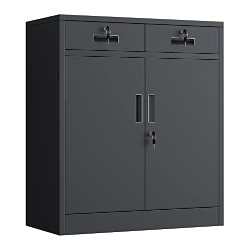 Image of JINGUR Metal Storage Cupboard with Locking Doors and 2 Drawers, Lockable Storage Cabinet with Adjustable Shelf for Home Office and Garage (Black)