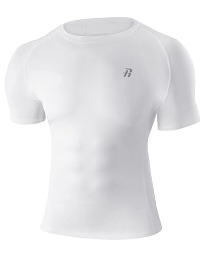 Image of Runhit Men's Compression Short Sleeve Shirt, Quick-Dry Performance Base Layer Sports Top for Gym Running Golf Workouts White M