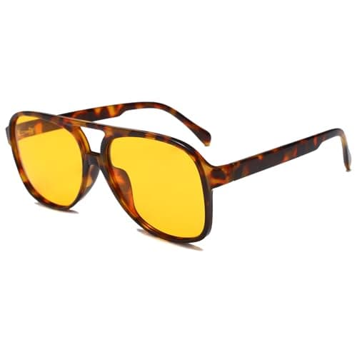 Image of Long Keeper Retro 70s Polarised Pilot Sunglasses for Women Men Oversized Double Bridge Aviation Sunglasses Large Frame Vintage Shades UV400 Protection (Tortoiseshell Frame Yellow Lens)