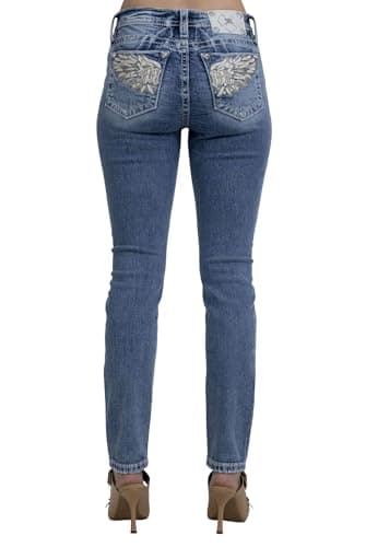 Image of Miss Me Women's Soaring Wings Embellished Mid-Rise Skinny Jeans, Light Blue, 30