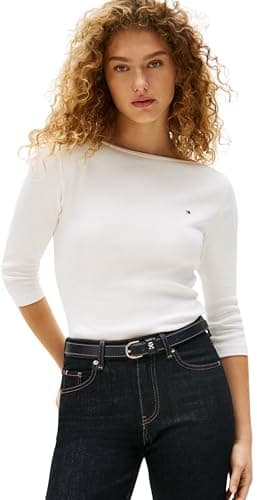 Image of Tommy Hilfiger Women’s Long Sleeve Slim Fit New Cody Top with Boat Neck, White (Nos Ecru), M