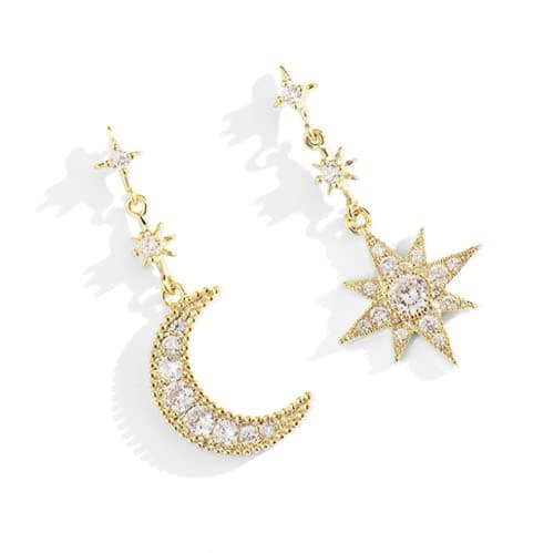 Image of FEIFEI'S BOW Women Star Moon Fashion Jewellery Gold Silver Plated Bling Stud Earrings with Crystal Allergy Free (Gold)