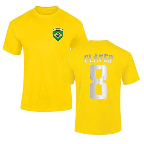 Image of Personalised Brazil Football T-Shirt Mens Womens Kids Brazilian Flag Supporter Custom Name Number Brasil Fan Tee Match Day Tournament Gift Yellow S Style 1
