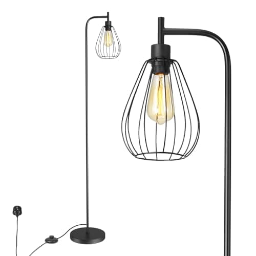 Image of ArcoMead Industrial Floor Lamp, Black Standing Lamp Tall Pole Light with Teardrop Cage Head, Whole Metal Rustic Floor Lamp with Foot Switch for Bedroom, Living Room Farmhouse Office