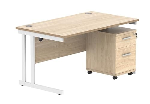 Image of Office Hippo Heavy Duty Contract Grade Office Desk Workstation and Lockable 2-Drawer Pedestal Set, 120kg Weight Tolerance, 5-Year Warranty, FSC Certified, Canadian Oak, White Legs, 1400 x 800mm