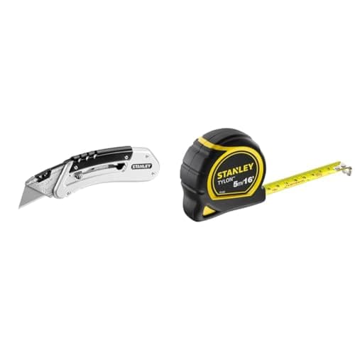 Image of Stanley Quickslide Pocket Knife All-Metal with Belt Clip Ref 0-10-810, Silver/Black & Tylon Tape Measure 5M/16 Inches Compact Case with Cushioned Grip Metric and Imperial System 1-30-696, Yellow