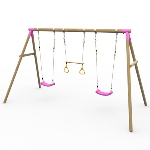 Image of Plum Play Kids Outdoor Wooden Round Pole Swings with Ground Anchors Included - Suitable for up to 50kg per accessory - Up to 5 year Warranty (Triple Pink Mangabey)