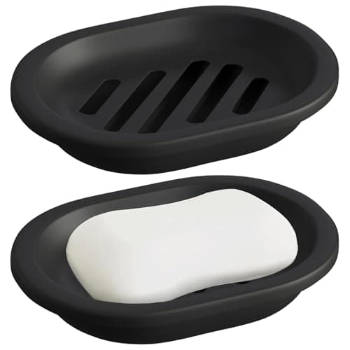 Image of Black Soap Dish with Drip Tray - 2-Pack Plastic Soap Holder for Bathroom Shower & Kitchen, Double Layer Design Prevents Mushy Soap
