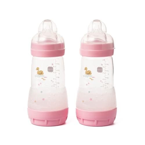 Image of MAM Easy Start Anti-Colic Baby Bottles | 2 Pack (2 x 260ml) | Self-Sterilising Baby Milk Bottle | Medium Flow MAM Teat Size 2 | Newborn Essentials | Pink (Various Designs)