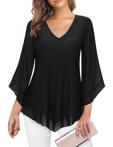 Image of Gemulate Womens Blouse V Neck Flowy Ruffle Chiffon Blouses Loose Layered Mesh Tunic Double Layer Tops Shirts Womens Formal Blouse Black,L