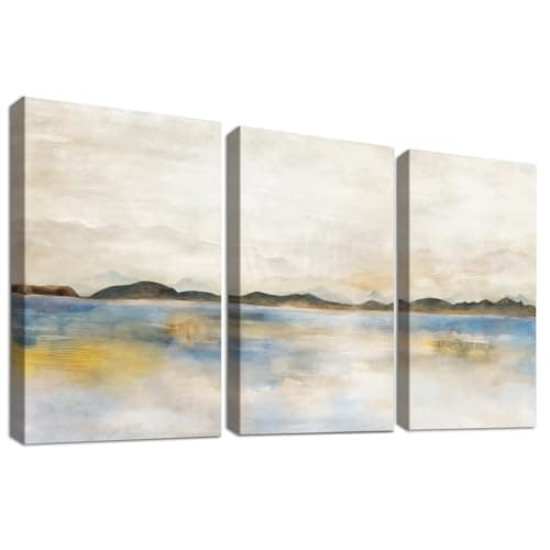 Image of 3 Pcs Wooden Framed Canvas Wall Art Set Watercolor Yellow Blue Gray Pastel Painting on Canvas Prints Poster Abstract Mountain Neutral Landscape Pictures for Living Room Bedroom Wall Decor 30x40 cm x3