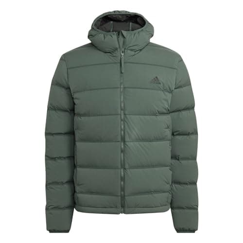 Image of adidas HG8717 Men's Helionic Stretch Hooded Down Jacket, Green Oxide, S