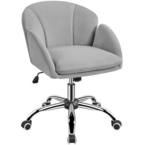 Image of Yaheetech Velvet Computer Chair Office Desk Chair Cute Makeup Vanity Chair with Armrests for Bedroom Modern Swivel Rolling Chair for Women Light Gray