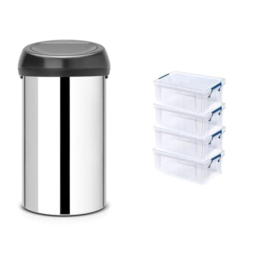 Image of Brabantia 60 Litre Large Kitchen Touch Bin (Brilliant Steel/Matt Black Lid) Removable Lid & BANKERS BOX 4x 10L Plastic Storage Boxes with Lids. ProStore Super Strong Stackable Plastic Storage Boxes