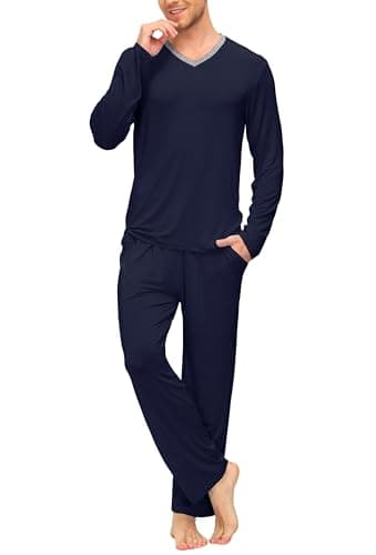 Image of MoFiz Mens Pyjamas Set Loungewear Plain Long Sleeves V-Neck T-Shirt & Trousers Pajama Pjs Set Nightwear Sleepwear Navy Size US S