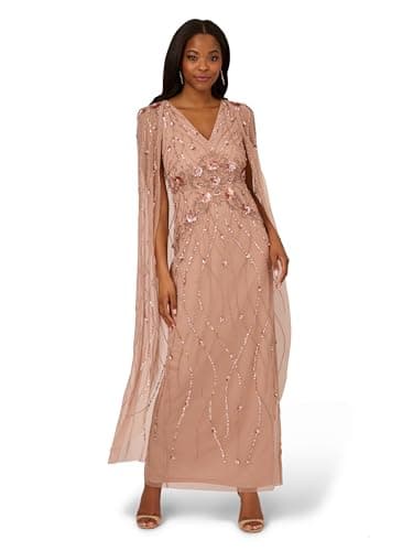 Image of Adrianna Papell Women's Beaded Cape Long Dress, Rose Gold, 12