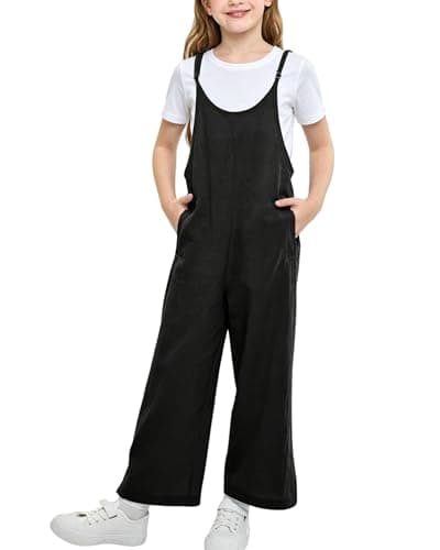 Image of Rolanko Girls Jumpsuit Adjustable Spaghetti Strap Loose Overalls Rompers, Cotton Baggy Plain Playsuits with Pockets for Age 5-12 Years, Black, Size: 5-6 Years, 120