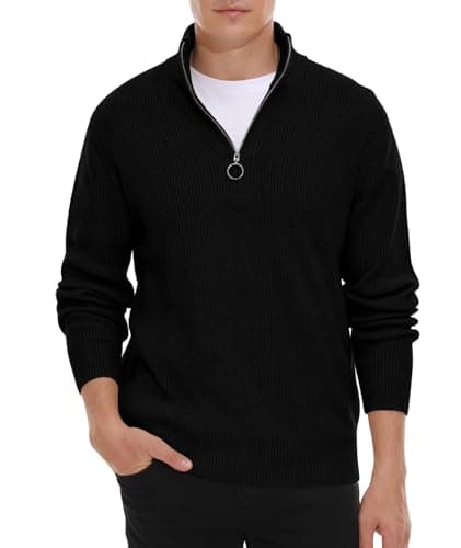 Image of Hisir Men's Jumpers 1/4 Zip Tops Winter Warm Knit Polo Neck Jumper Long Sleeve Soft Cozy Quarter Zip Pullover Sweaters for Men UK (Black, XL)